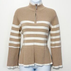 FOR THE REPUBLIC Quarter Zip Striped Sweater Tan and Cream XS